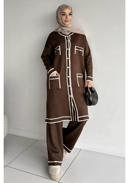 Ön Düğmeli Tesettür Triko Hırka Bel Lastikli Pantolon Ikili Takım P-00019052