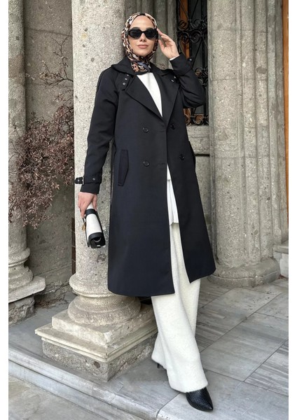 Ön Düğmeli Bel Kuşak Detaylı Tesettür Trençkot P-00019235