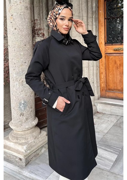 Ön Düğmeli Bel Kuşak Detaylı Tesettür Trençkot P-00019235 modelleri