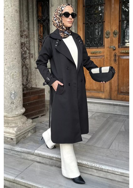 Ön Düğmeli Bel Kuşak Detaylı Tesettür Trençkot P-00019235 fırsatları