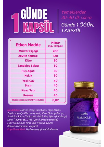 Marifolia Doğal Metabolizma Desteği Sağlayan Mürver Çiçeği İçeren Takviye Edici Gıda 30 Kapsül 800mg fiyatları