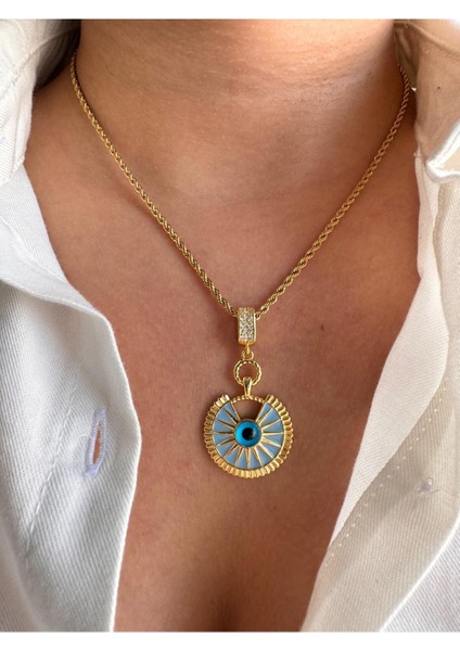 Mineli Nazar Boncuklu Çelik Kolye