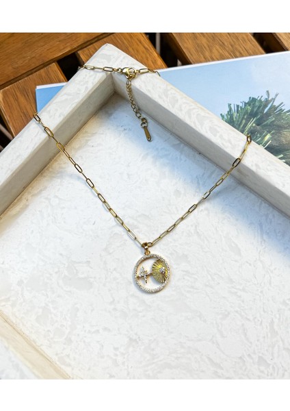 316L Çelik Gold Renk Zincir Zirkon Taşlı Yıldız Işleme Madalyon Model Kolye