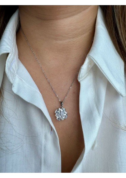 Kadın Çelik Kolye Döndürülebilir Çiçek Taşlı Model fiyatları