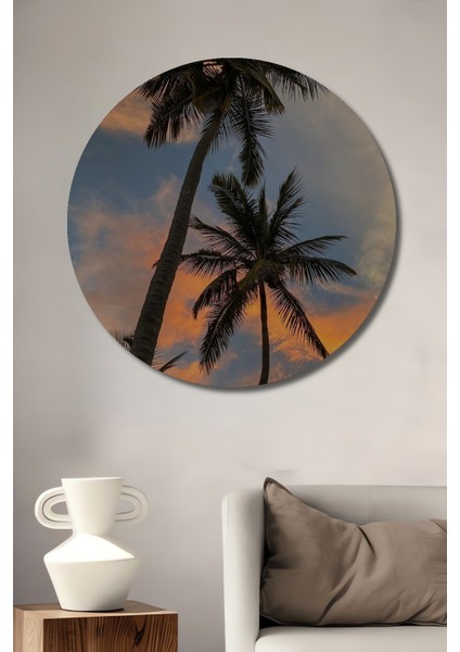 Dekoratif Ahşap Yuvarlak Palmiye Ağaçları Gün Batımı Tablosu Ev/ofis/işyeri/salon/mutfak/banyo Tablo