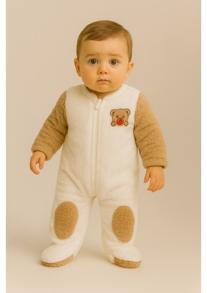 Teddy Desenli Peluş Tulum Kahverengi