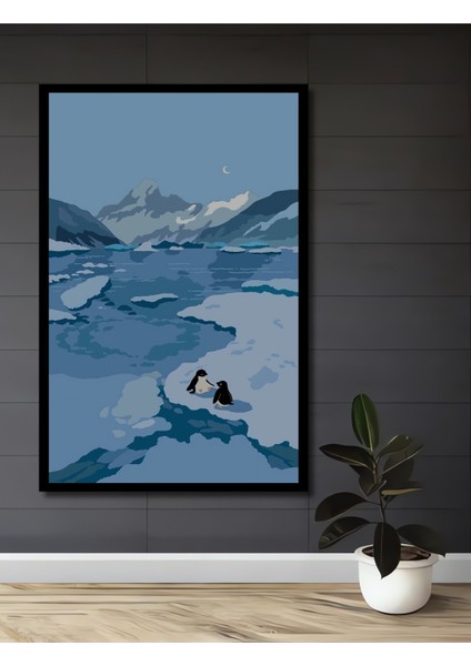 Çerçeve Görünümlü Dekoratif Ahşap Kare Penguenlerin Bulusması Tablosu Ev/ofis/işyeri Tablo