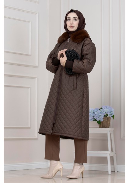 Yakası Kürklü Capitone Mont-Kahverengi modelleri