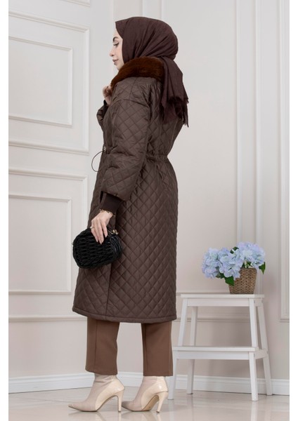 Yakası Kürklü Capitone Mont-Kahverengi indirimleri