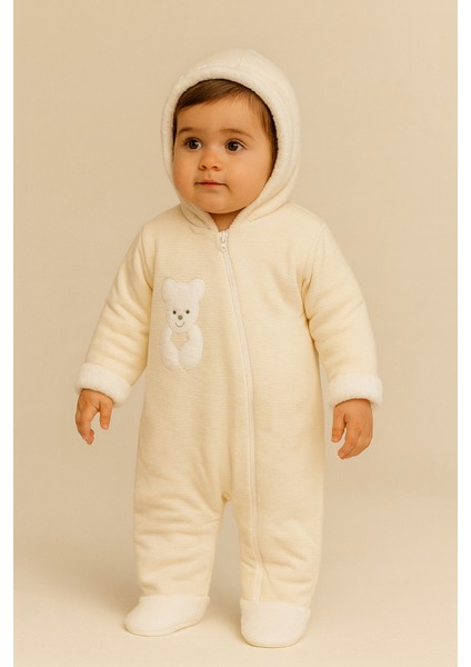 Bebek Teddy Desenli Içi Peluş Kapüşonlu Tulum Ekru
