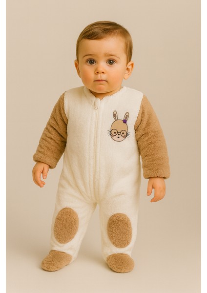 Bebek Tavşan Desenli Kulaklı Peluş Tulum Kahverengi