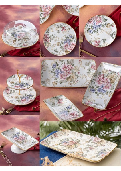 Çiçekli 14 Parça Pasta Sunum Seti