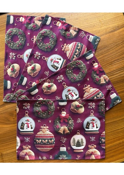 Ornament 3D Efektli Yılbaşı Süsleri Desenli Amerikan Servis/supla 4'lü Set Bordo