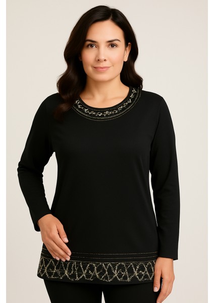 Rahat Kesim Yuvarlak Yaka Taş Işlemeli Kadın Anne Penye Bluz