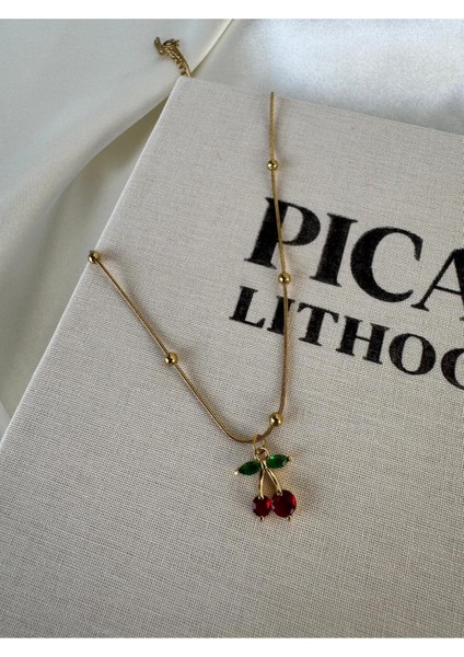 Zirkon Taşlı Kiraz Çelik Kadın Gold Kolye