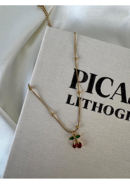 Zirkon Taşlı Kiraz Çelik Kadın Gold Kolye modelleri