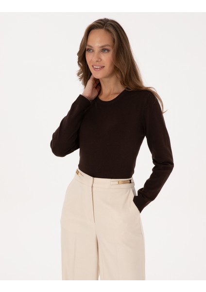 Kadın Kahverengi Comfort Fit Bisiklet Yaka Basic Kazak 50316393-VR029