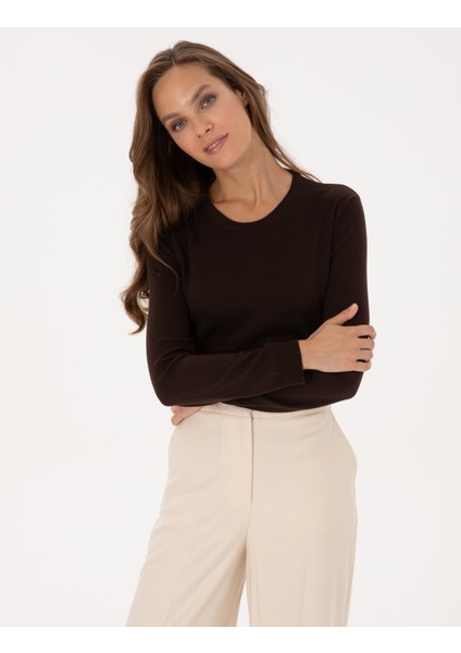 Kadın Kahverengi Comfort Fit Bisiklet Yaka Basic Kazak 50316393-VR029 modelleri