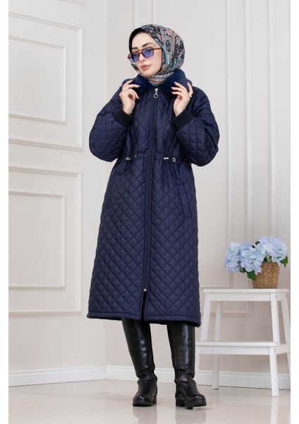 Yakası Kürklü Capitone Mont-Lacivert