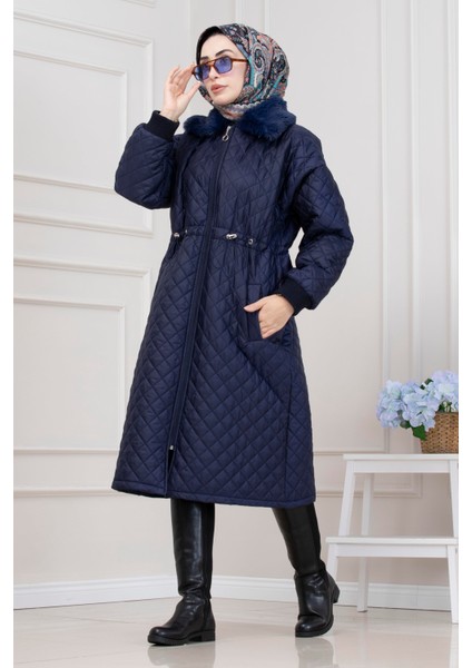 Yakası Kürklü Capitone Mont-Lacivert fiyatları