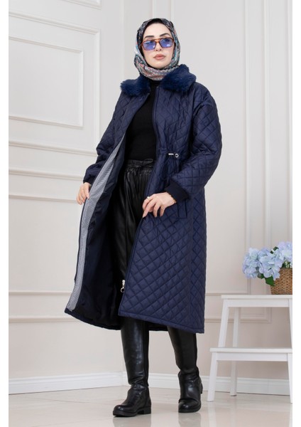 Yakası Kürklü Capitone Mont-Lacivert modelleri