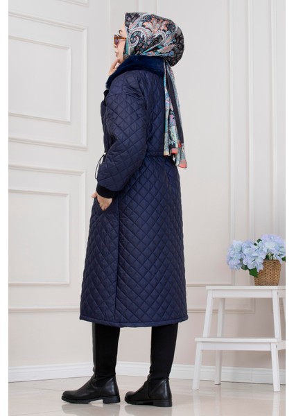 Yakası Kürklü Capitone Mont-Lacivert indirimleri