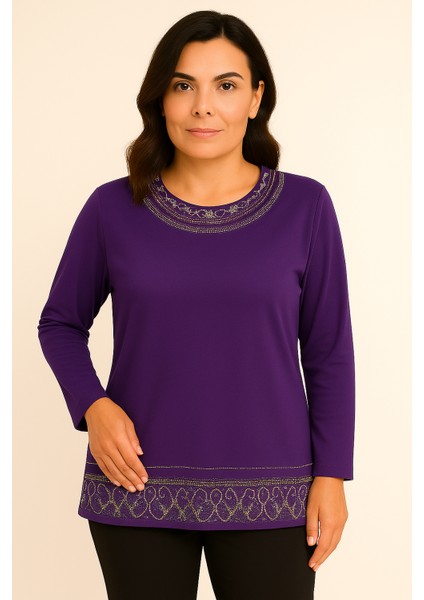 Rahat Kesim Yuvarlak Yaka Taş Işlemeli Kadın Anne Penye Bluz