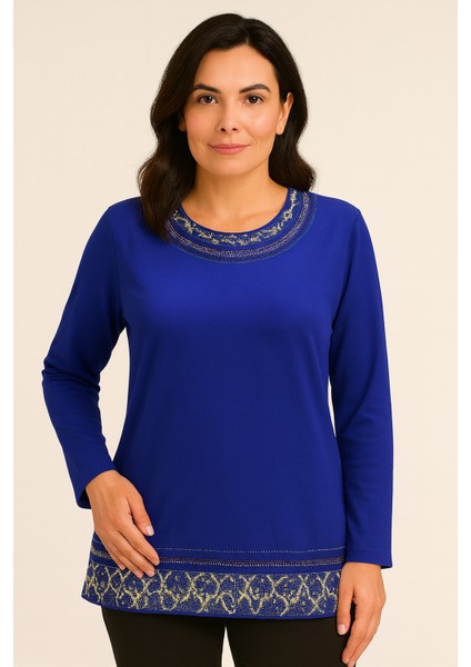 Rahat Kesim Yuvarlak Yaka Taş Işlemeli Kadın Anne Penye Bluz