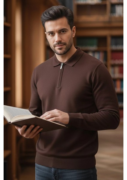 Polo Yaka Yarım Fermuarlı Erkek Triko Kazak P-00013251