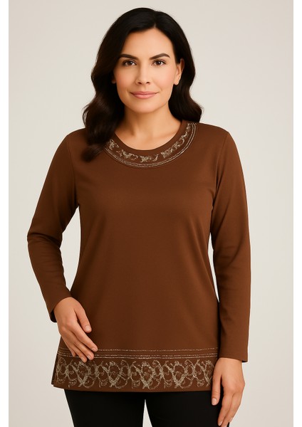 Rahat Kesim Yuvarlak Yaka Taş Işlemeli Kadın Anne Penye Bluz