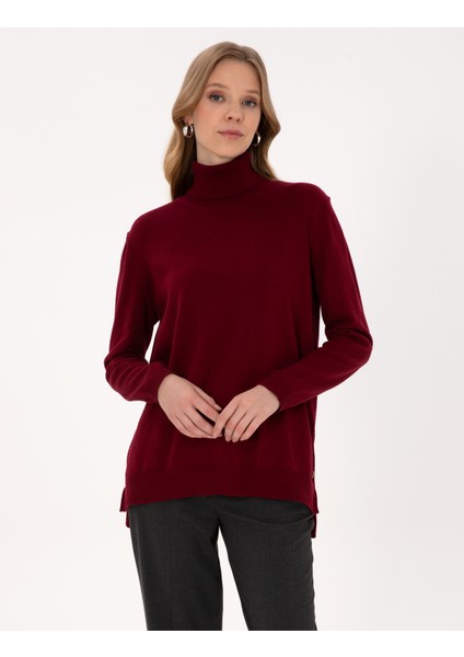 Kadın Vişne Comfort Fit Tam Balıkçı Yaka Basic Kazak 50316385-VR223