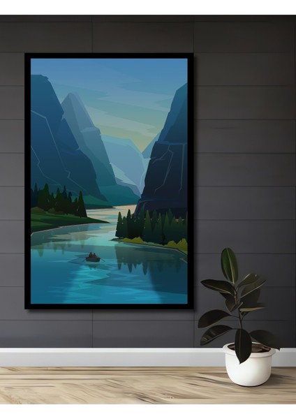 Çerçeve Görünümlü Dekoratif Ahşap Kare Dağlar Arasında Nehir Tablosu Ev/ofis/işyeri Tablo