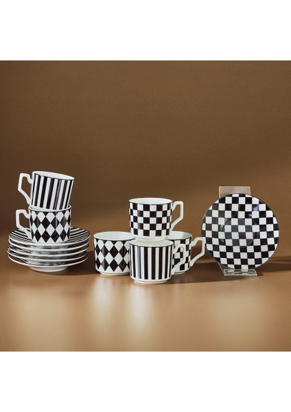 Geometrik 6 Kişilik Kahve Fincan Takımı 90 ml Siyah Beyaz
