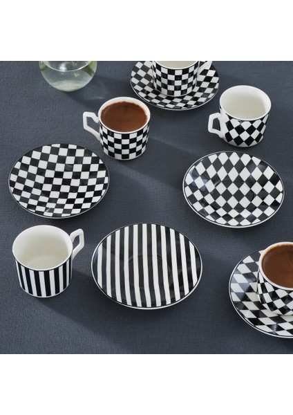 Geometrik 6 Kişilik Kahve Fincan Takımı 90 ml Siyah Beyaz fırsatları
