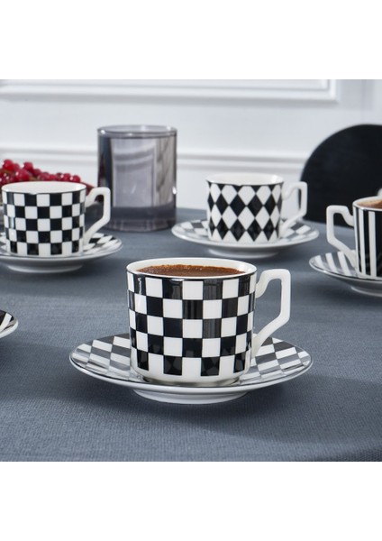 Geometrik 6 Kişilik Kahve Fincan Takımı 90 ml Siyah Beyaz