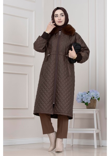 Yakası Kürklü Capitone Mont-Kahverengi