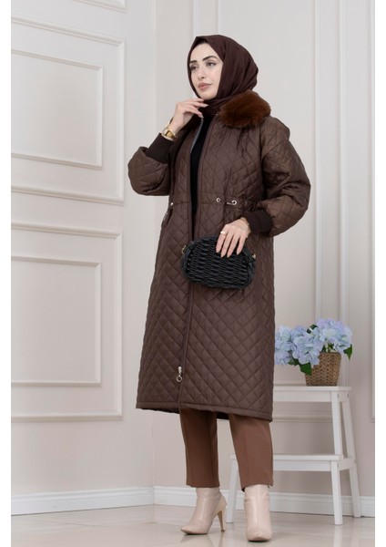 Yakası Kürklü Capitone Mont-Kahverengi fiyatları