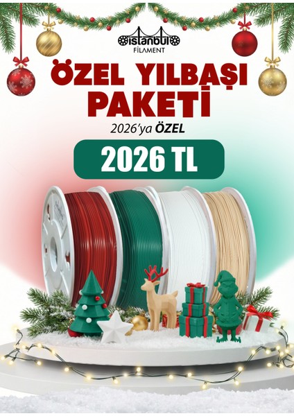 3D Baskı Pla Filament Yılbaşı Özel Pla+ Paket 2026 (Kırmızı - Yeşil - Beyaz - Ten) 1,75MM ± 0,05 mm