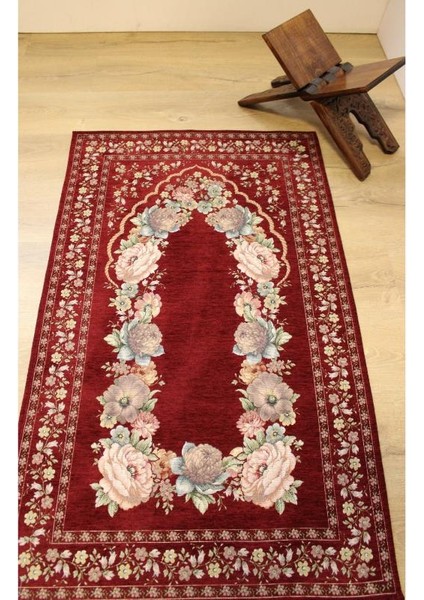 Kınay Bordo Jakarlı Dokuma Goblen Dekoratif Astarsız Saçaksız Şönilli Seccade 70*115