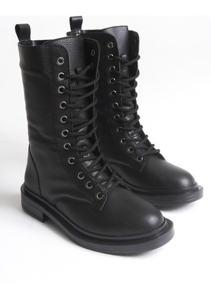 Siyah Deri Kadın Bot Postal Yanna Bağcıklı Içten Fermuarlı Kalın Tabanlı Su Geçirmez indirimleri