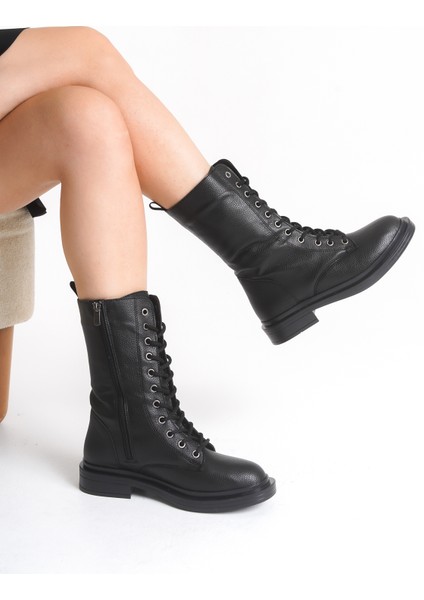 Siyah Deri Kadın Bot Postal Yanna Bağcıklı Içten Fermuarlı Kalın Tabanlı Su Geçirmez