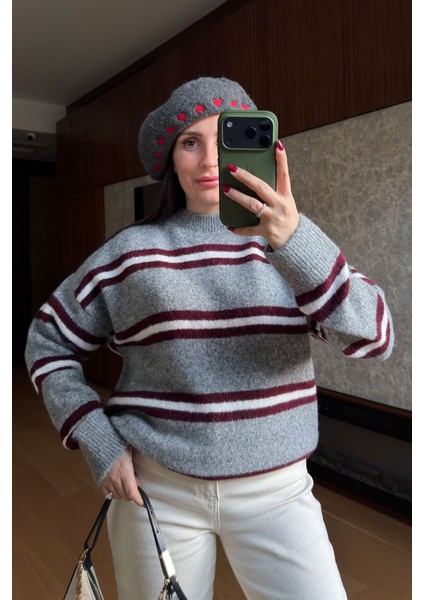 Çift Çizgili Tasarım Triko- Bordo