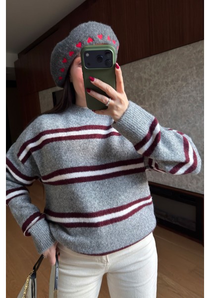 Çift Çizgili Tasarım Triko- Bordo fiyatları