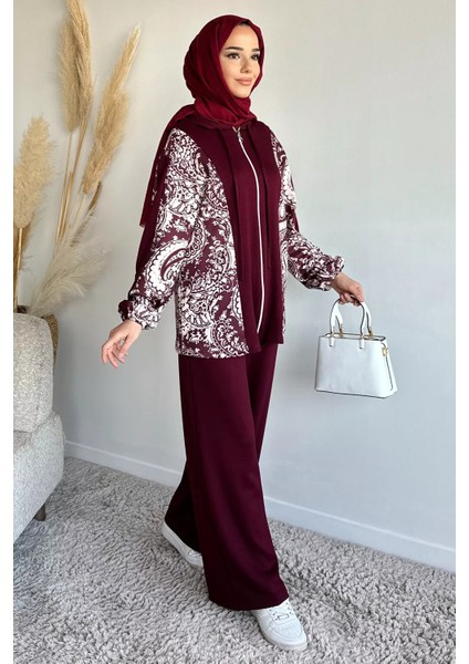 Dijital Baskılı Kapüşonlu Tunik Bel Lastikli Pantolon Tesettür Ikili Takım P-00019239