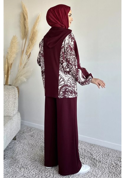 Dijital Baskılı Kapüşonlu Tunik Bel Lastikli Pantolon Tesettür Ikili Takım P-00019239 modelleri