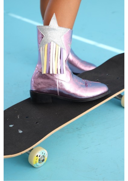 Pembe Yıldız ve Püskül Detaylı Kız Çocuk Kovboy Bot