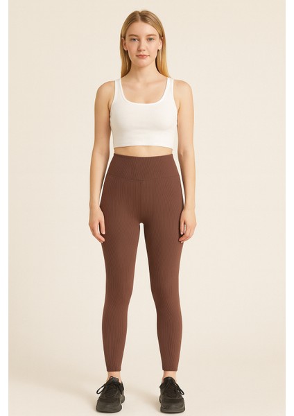 Kadın Fitilli Miflonlu Tayt | Yüksek Bel – Kahverengi