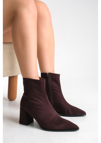 Bordo Süet Kadın Bot Sivri Burun Kaymaz Taban Fermuarlı Kalın Topuk Astrid fiyatları