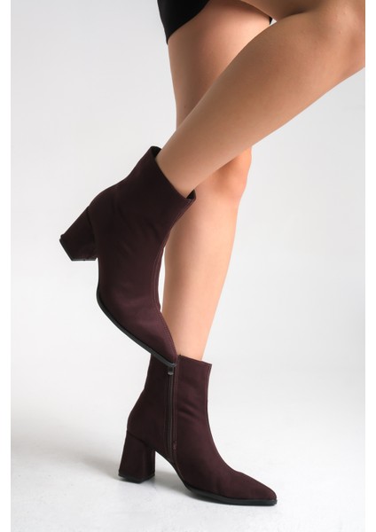 Bordo Süet Kadın Bot Sivri Burun Kaymaz Taban Fermuarlı Kalın Topuk Astrid modelleri