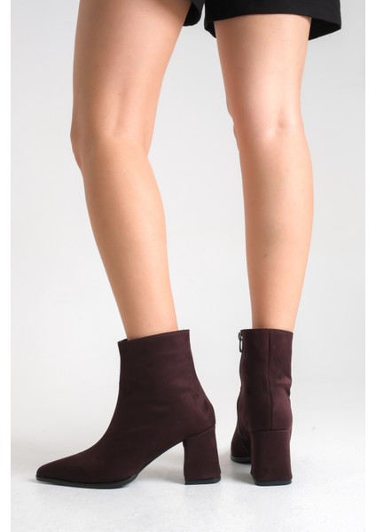 Bordo Süet Kadın Bot Sivri Burun Kaymaz Taban Fermuarlı Kalın Topuk Astrid fırsatları